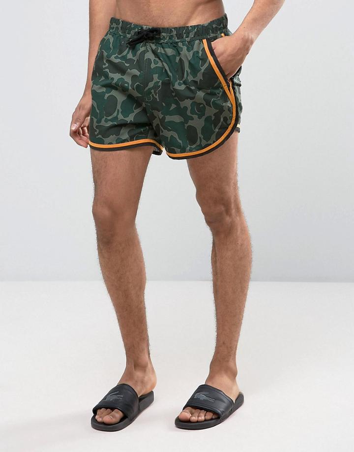 Asos Runner Swim Shorts In Camo With Contrast Binding In Short Length - Green