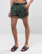 Asos Runner Swim Shorts In Camo With Contrast Binding In Short Length - Green