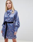 Fashion Union Drape Collar Dress With Tie Waist In Romantic Floral - Gray