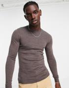 Asos Design Muscle Fit Merino Wool Crew Neck Sweater In Soft Brown Heather