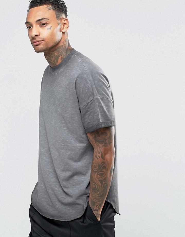 Asos Oversized T-shirt With Roll Sleeve In Oil Wash With Curved Hem In Gray - Grey As Departure