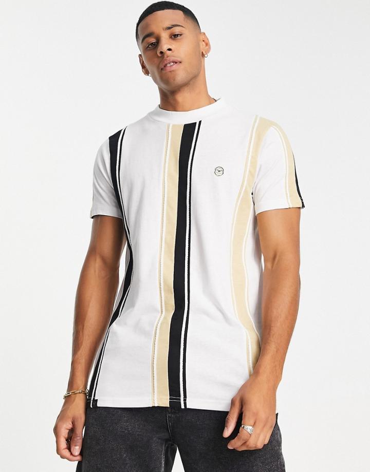 Le Breve High Neck Stripe T-shirt In White & Stone