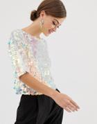 Asos Design T-shirt With All Over Square Sequin - Blue