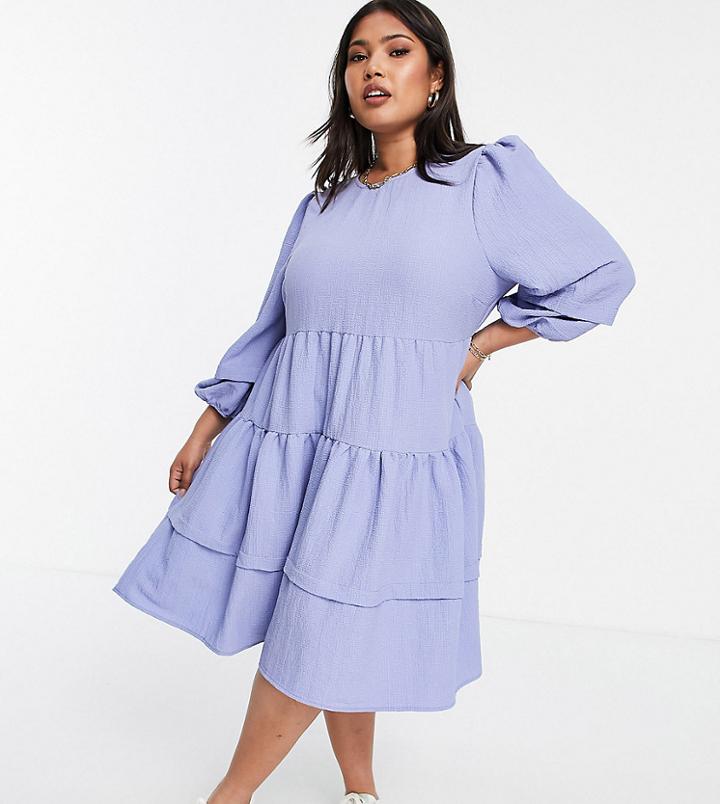 Only Curve Midi Smock Dress With Sleeve Deatil And Tiering In Lavender Blue-blues