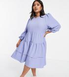 Only Curve Midi Smock Dress With Sleeve Deatil And Tiering In Lavender Blue-blues