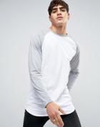 Asos Super Longline Long Sleeve T-shirt With Contrast Raglan And Curved Hem - White