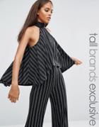 Naanaa Tall High Neck Layered Ruffle Crop Top In Glitter Stripe - Black