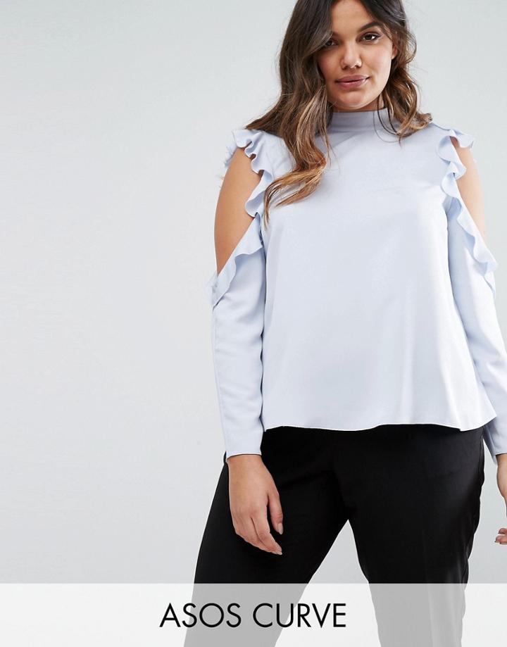 Asos Curve Satin Top With High Neck & Ruffle Cold Shoulder - Blue
