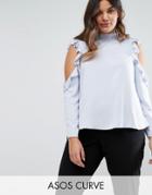 Asos Curve Satin Top With High Neck & Ruffle Cold Shoulder - Blue