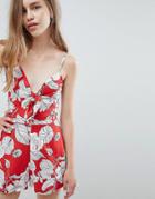 Pull & Bear Cami Strap Romper In Orange Tropical Print - Orange