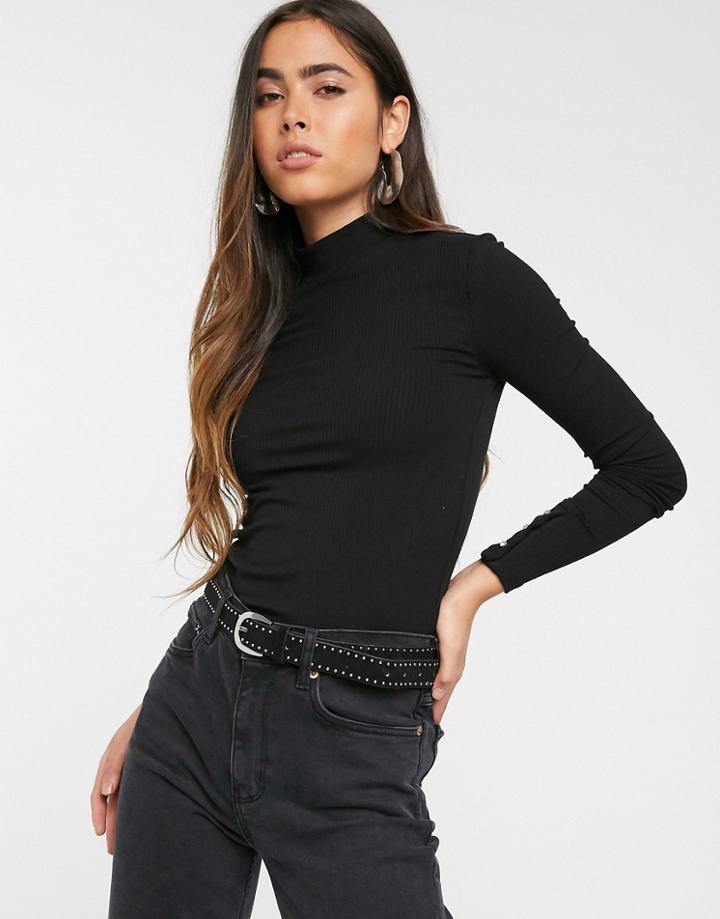 Stradivarius Ribbed Jersey Top With Embellished Cuff Detail In Black