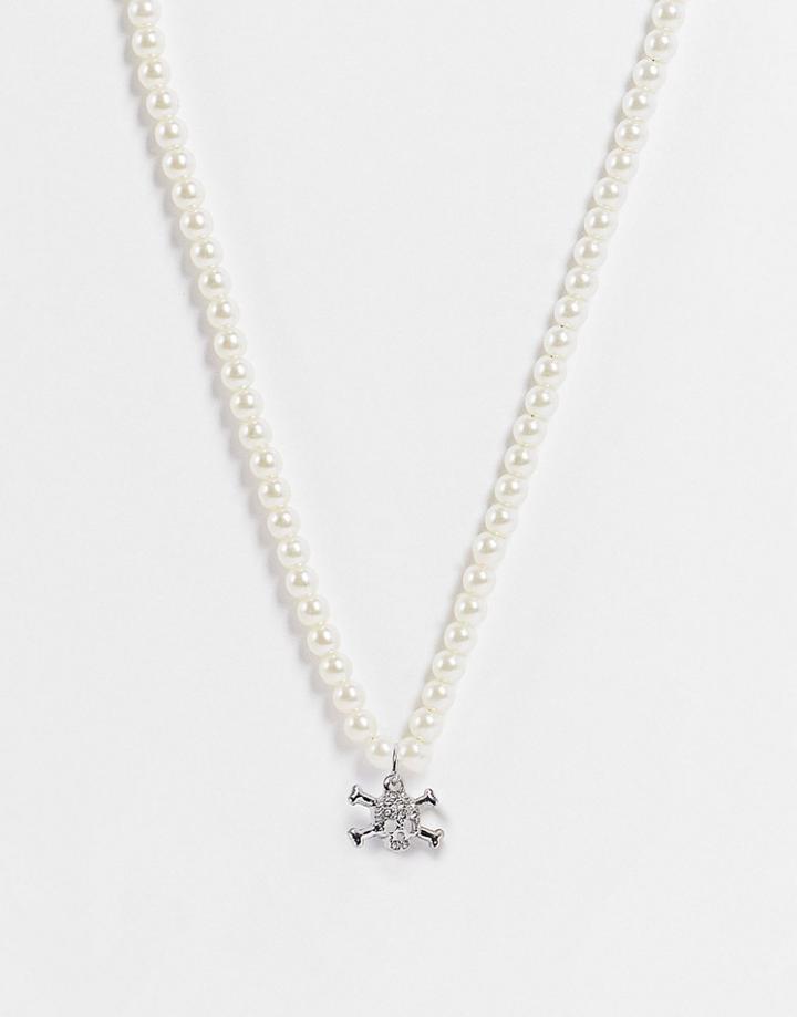 Asos Design Necklace With Pearl And Skull Cross Bones Pendant-silver
