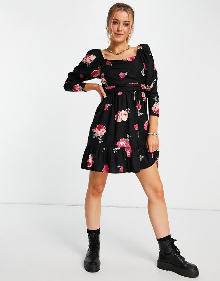 Miss Selfridge Ruched Bust Fit & Flare Mini Dress In Rosebud Print-black