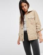 Asos Cord Girlfriend Jacket In Stone With Detachable Fleece Collar - S