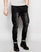 Underated Skinny Cargo Biker Jeans - Black Stone Wash
