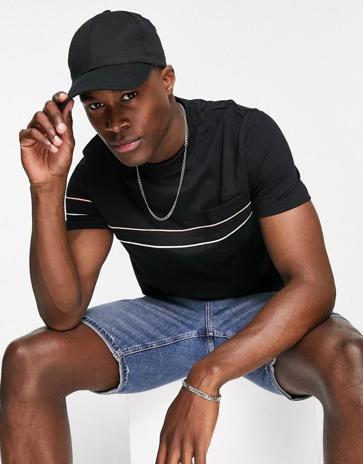 Asos Design T-shirt With Pocket And Piping Detail In Black