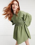 Asos Design Shirred Bust Mini Dress In Texture In Khaki-green