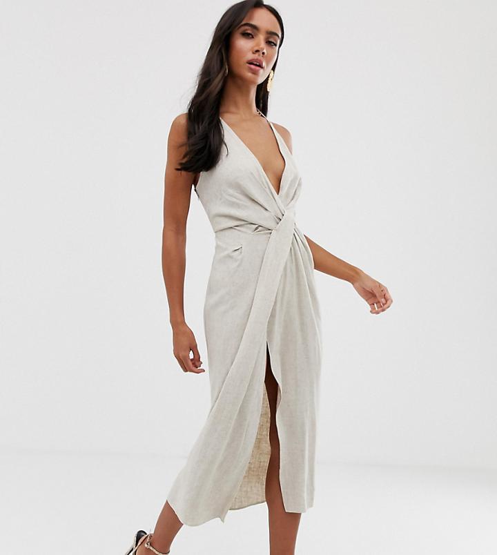 Asos Design Halter Neck Drape Waist Midi Dress In Textured Linen - Beige