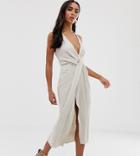 Asos Design Halter Neck Drape Waist Midi Dress In Textured Linen - Beige