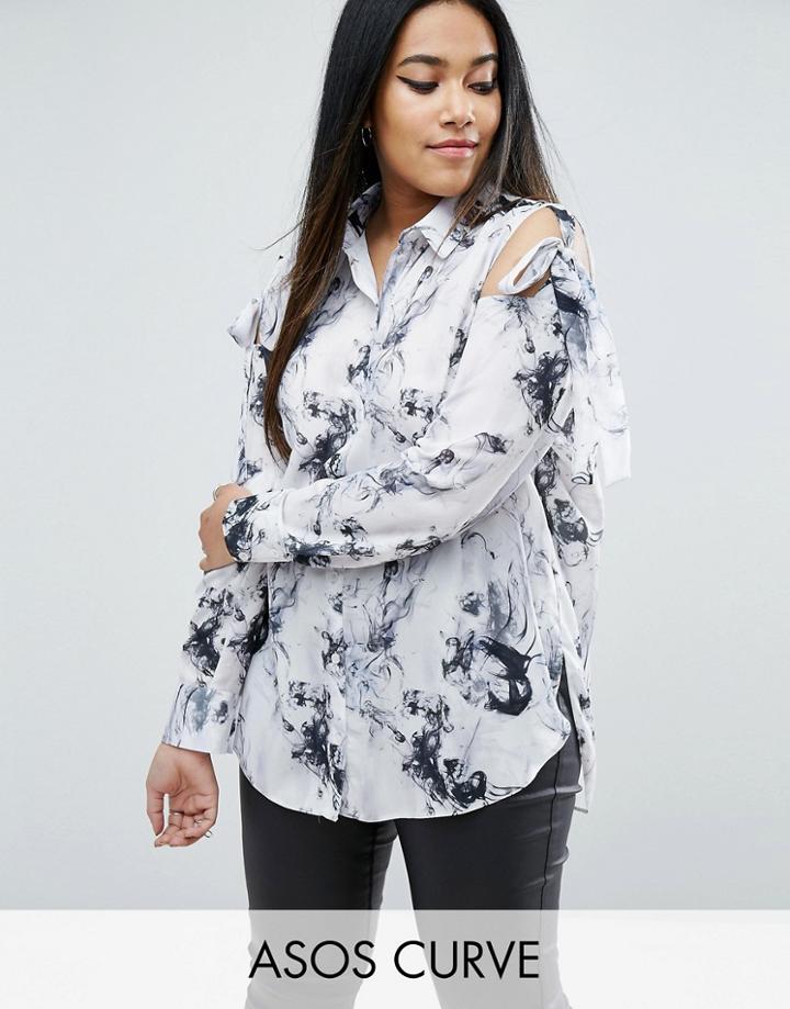 Asos Curve Tie Shoulder Blouse In Marble Print - Multi