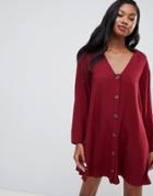 Asos Design Button Through Mini Dress With Long Sleeves-red