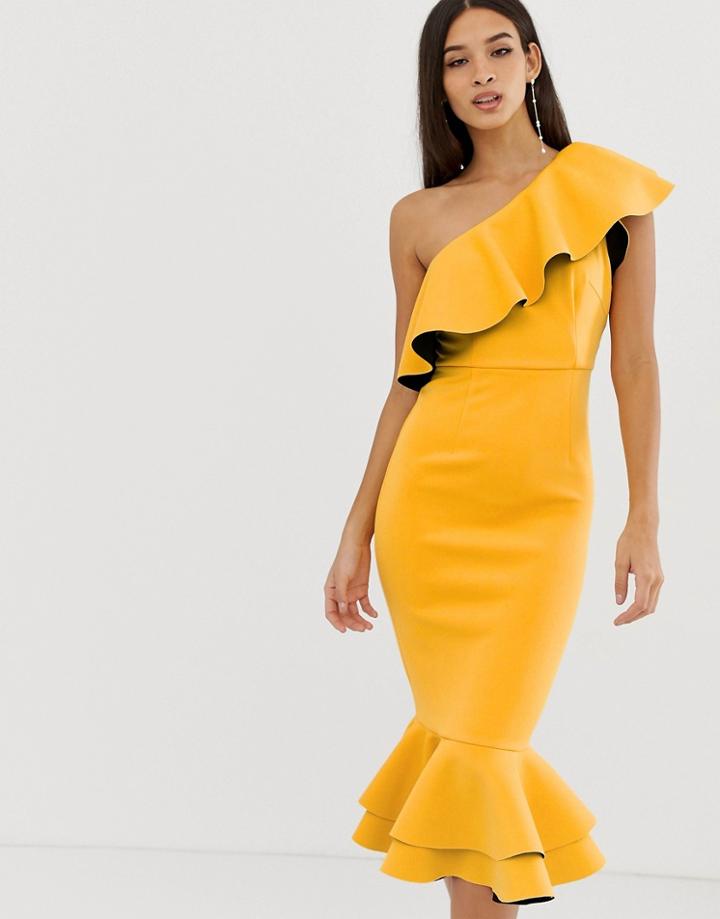Asos Design Structured Ruffle One Shoulder Pep Hem Bodycon Dress - Yellow