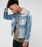 Black Kaviar Denim Jacket With Fleece Collar And Distressing - Blue