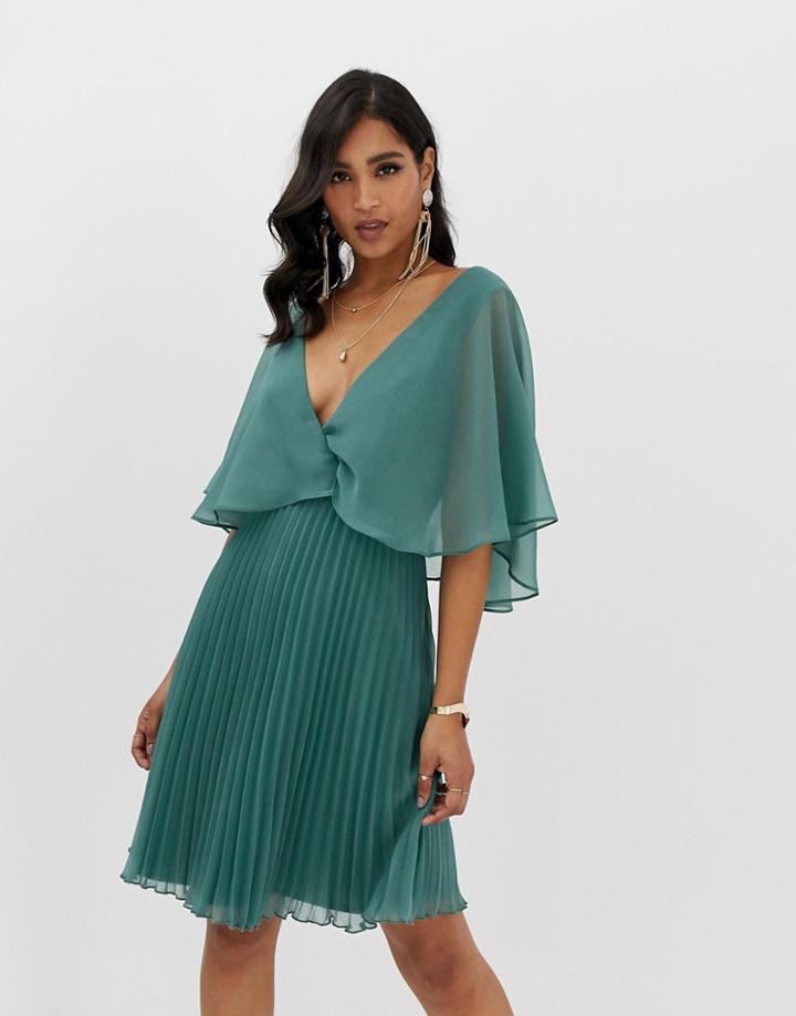 Asos Design Flutter Sleeve Midi Dress With Pleat Skirt - Green