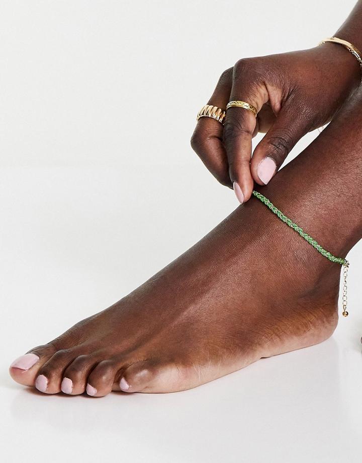 Asos Design Anklet With Twisted Thread And Chain Design-green