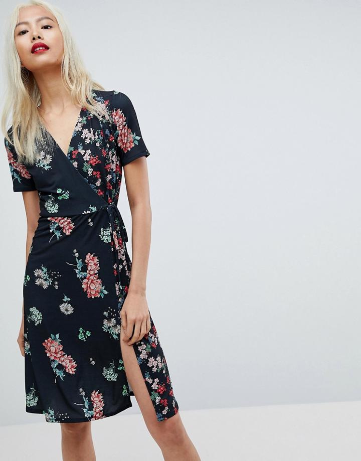 Asos Midi Wrap Dress In Mixed Floral Print - Multi
