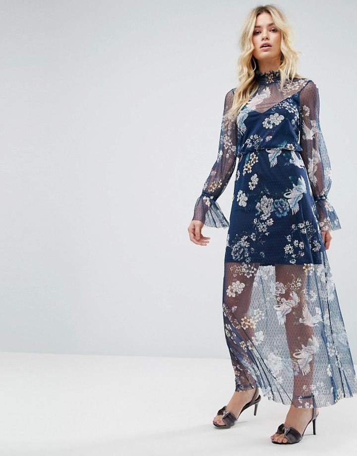 Asos Printed Mesh Maxi Dress With Shirred Neck - Multi