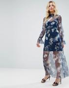 Asos Printed Mesh Maxi Dress With Shirred Neck - Multi