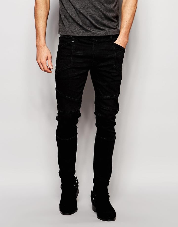 Asos Selvage Super Skinny Jeans With Biker Details In 13oz Black - Black