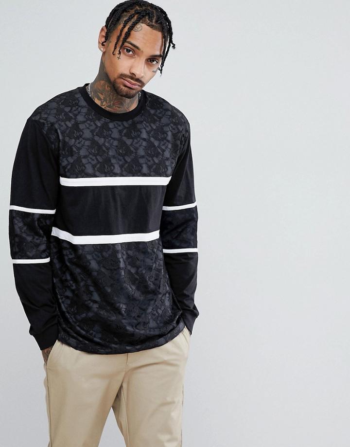 Asos Longline T-shirt In Lace With Cut And Sew - Black