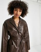 Topshop Faux Leather Belted Shirt Jacket With Revere Collar In Chocolate-brown