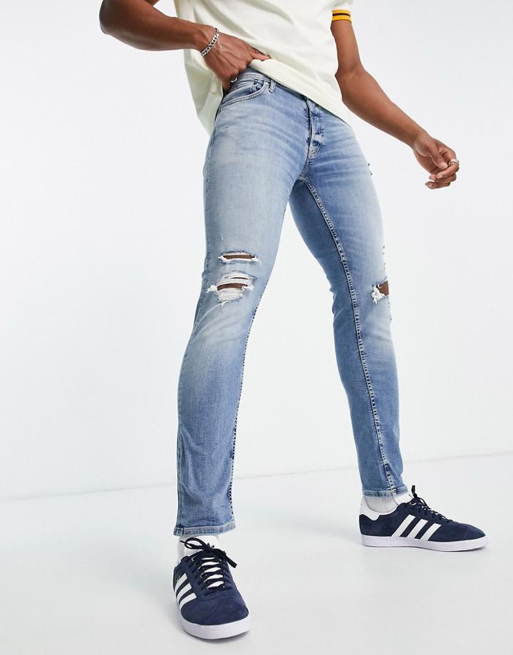 Jack & Jones Intelligence Glenn Slim Fit Jean With Rips In Blue