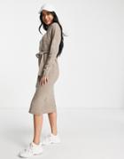 New Look Roll Neck Tie Waist Knitted Dress In Mink-pink