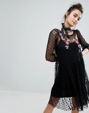 H! By Henry Holland Mesh Dress With Floral Embroidery - Black