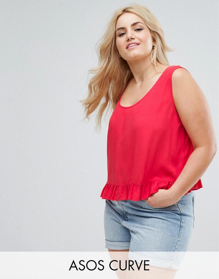 Asos Curve Crinkle Swing Tank With Ruffle Hem - Red