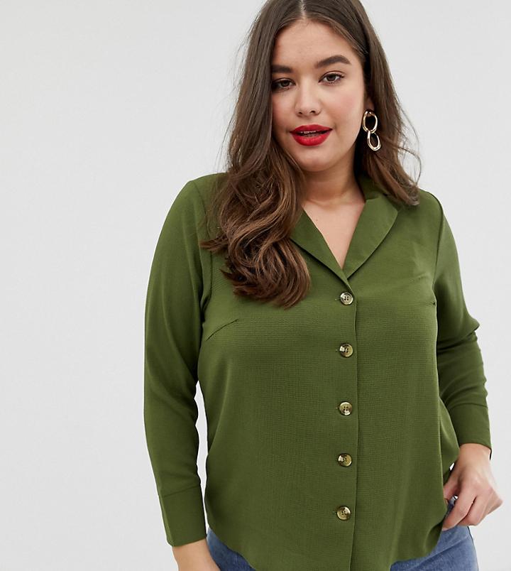 New Look Curve Long Sleeve Utility Shirt In Khaki - Green