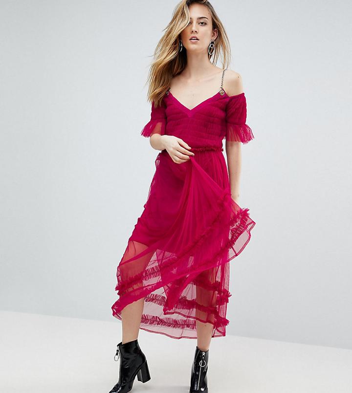 Asos Tall Mesh Smock Midi Dress With Chain Straps - Pink
