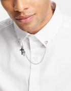Asos Design Wedding Lapel Pin With Vintage Cross Design And Chain In Silver Tone