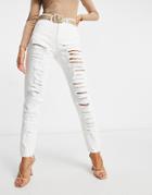 Naanaa High Waist Ripped Mom Jeans In White