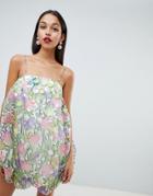 Asos Design Organza Print Bubble Dress With 3d Embellished Flowers - Multi