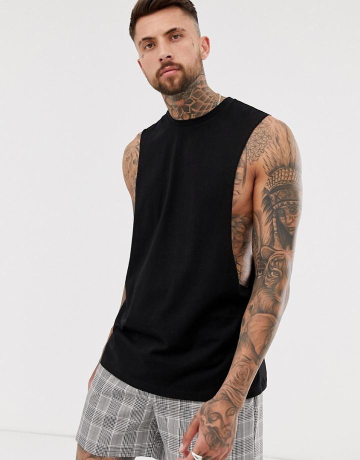 Asos Design Longline Sleeveless T-shirt With Extreme Dropped Armhole In Black - Black