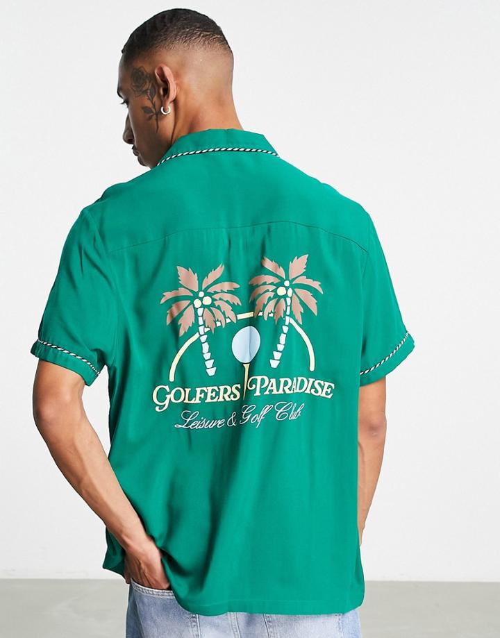 Asos Design Relaxed Camp Collar Shirt With Golfers Paradise Back Placement Embroidery-green