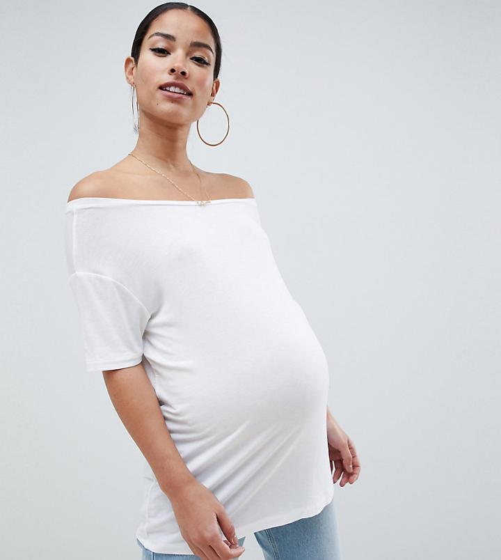 Asos Design Maternity Off Shoulder Top With Short Sleeve In Drapey Fabric In White