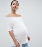 Asos Design Maternity Off Shoulder Top With Short Sleeve In Drapey Fabric In White