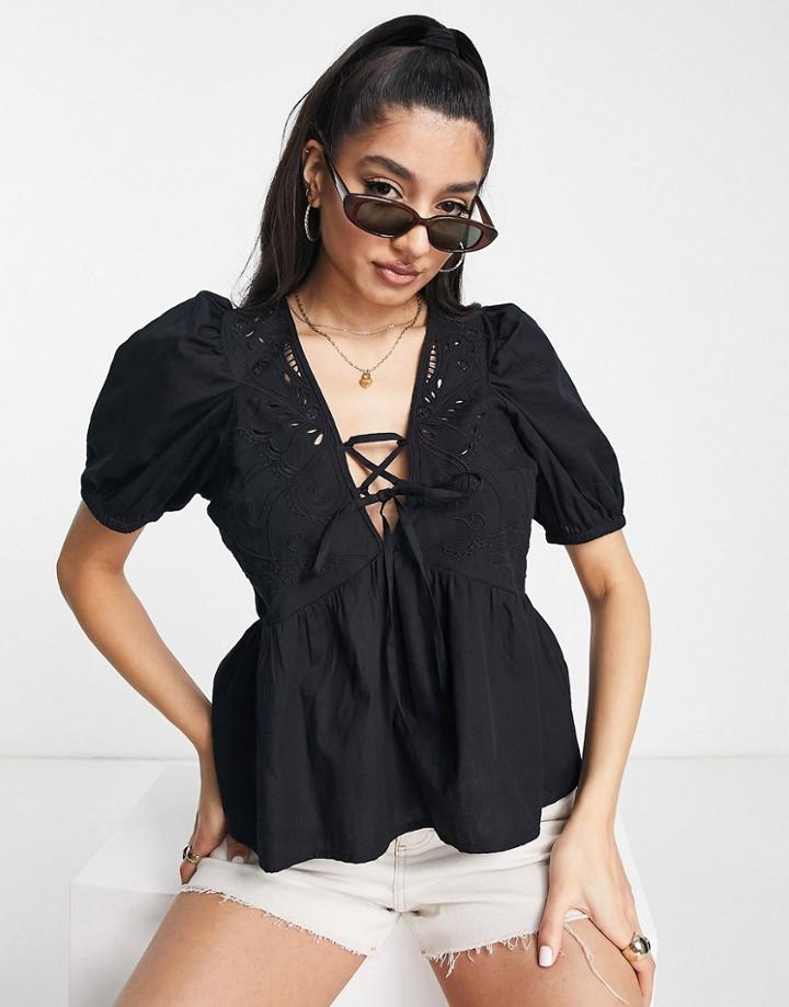 Asos Design Short Sleeve Cotton Top With Butterfly Cutwork In Black