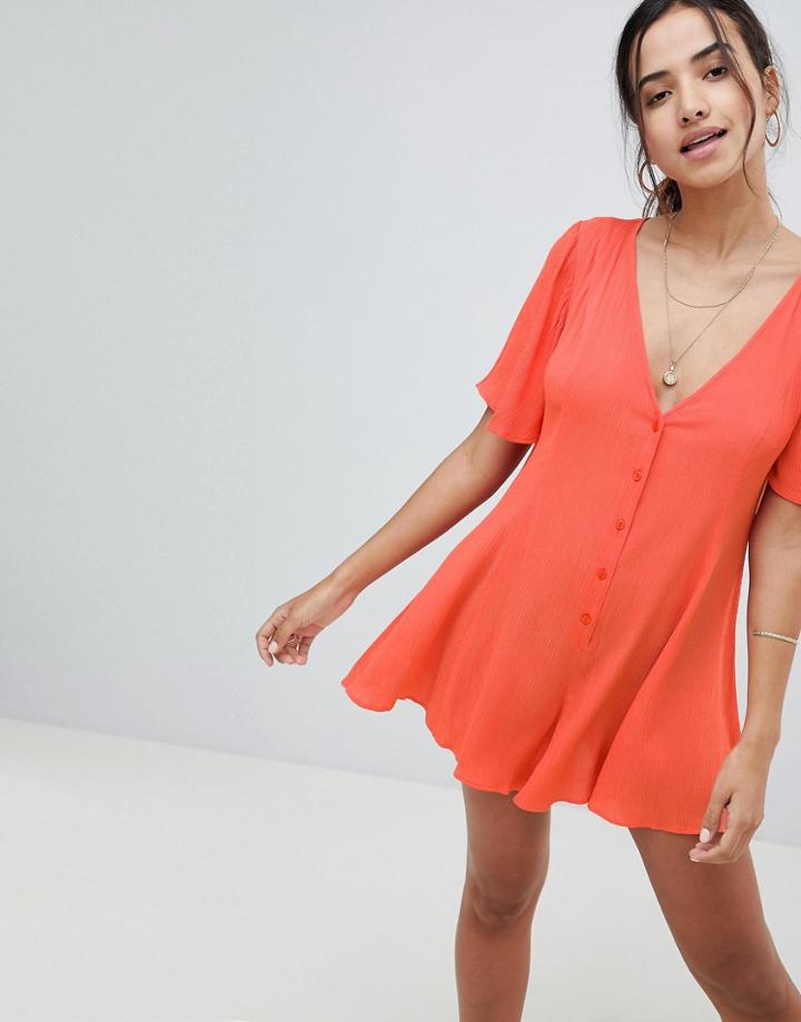 Asos Design Swing Romper In Crinkle With Button Detail-pink